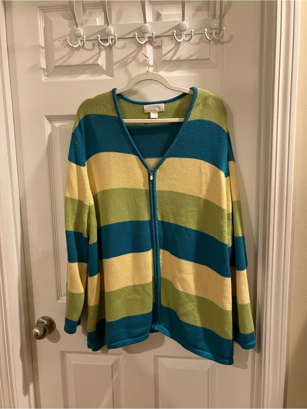 CJ Banks Striped Zip-Front Cardigan in Teal, Yellow, and Green